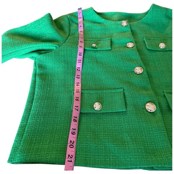 Emerald Green Cropped Tweed Jacket Silver Button Front Pockets Size L - Picture 6 of 9